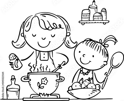 Mother and daughter cooking together on kitchen. Cartoon family activities, black and white clipart. Parenting, motherhood concept. Parent actively spends time with child. Outline vector illustration
