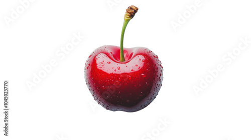 A gleaming red cherry glistens with fresh droplets on a bright white background