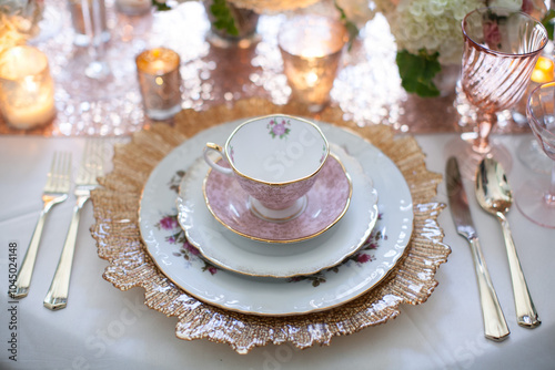 Vintage dishes, Teacup, table setting, Tea Time, Wedding table setting, Table landscape, Bridal Shower Ideas, Wedding Day Ideas, Glass plate setting, Plates and Teacup, Pink cup, candles and flowers