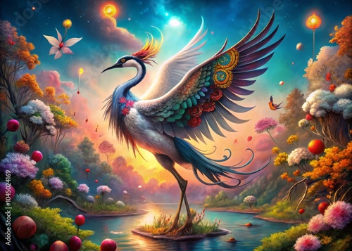 Surreal Tattooed Crane Dancing in a Dreamlike Landscape with Vivid Colors and Ethereal Elements