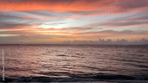 Sunset Sky Over The Ocean, Sunrise Dramatic Sky Colors Over the Sea, Calm Seas, Peaceful Sunrise, Travel Caribbean Destination, Horizon 