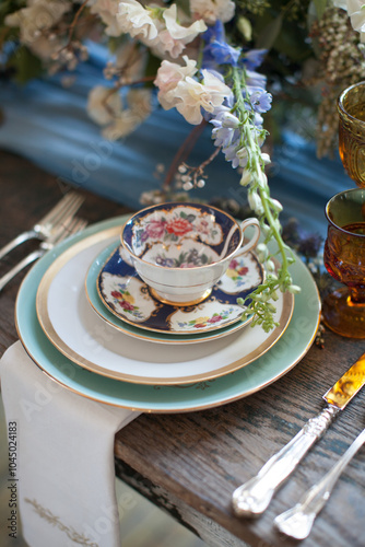 Vintage Table Setting, Antique Teacup, Collectable Dishes, Romantic Wedding Tablescape, Gold and Green Dishes, Retro Table Decor, Dinning