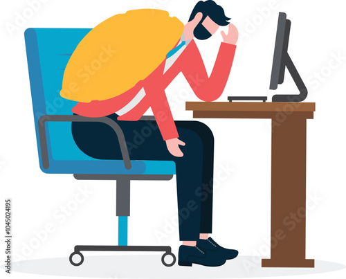 Slow work, slow-paced work and lifestyle, inefficient work, businessmen with turtle shells on their backs working slowly at their computer desks

