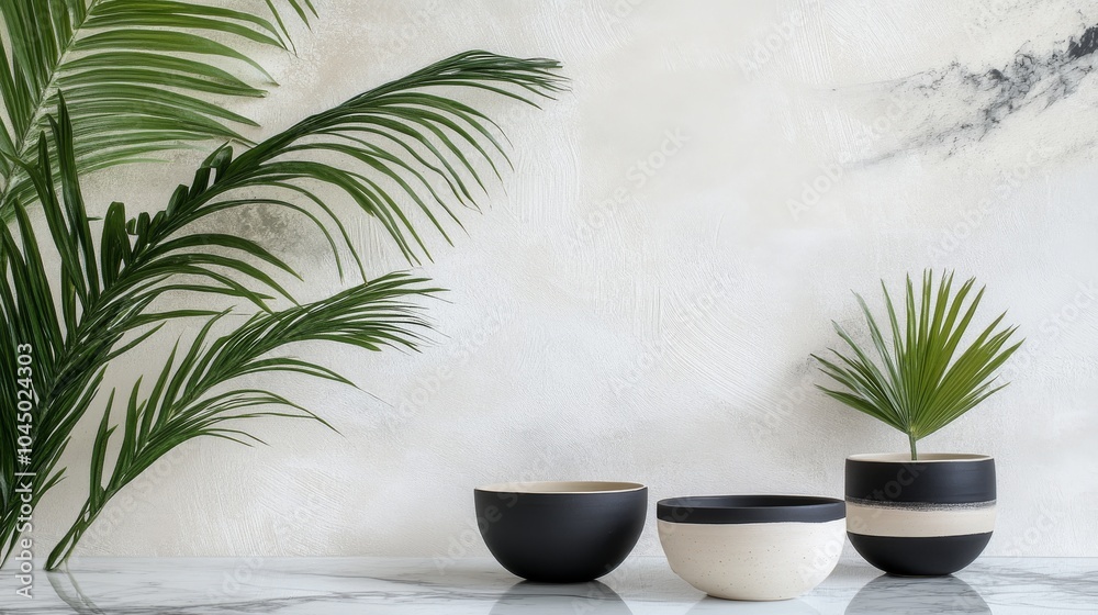 A simple arrangement of black and white pottery and palm leaves against a polished marble backdrop, leaving room for text or design. A simple arrangement of black and white pottery and palm leaves against a polished marble backdrop, leaving room for text or design.