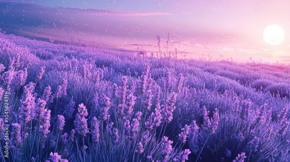 Obraz premium Ethereal Lavender Field at Magical Dusk with Misty Atmosphere