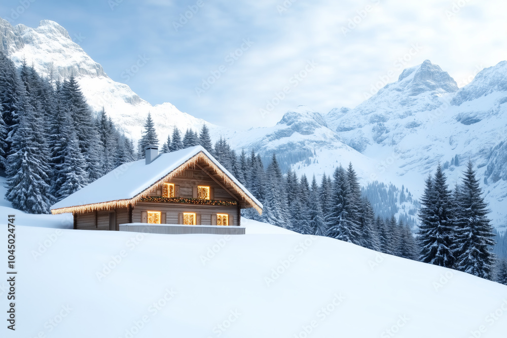 A mountain chalet adorned with festive lights, nestled among snow-laden pine trees A mountain chalet adorned with festive lights, nestled among snow-laden pine trees