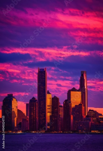 stunning dusk skyline radiant colors elegant silhouettes buildings colorful evening horizon, aesthetic, atmospheric, bright, charm, cityscape, dynamic photo