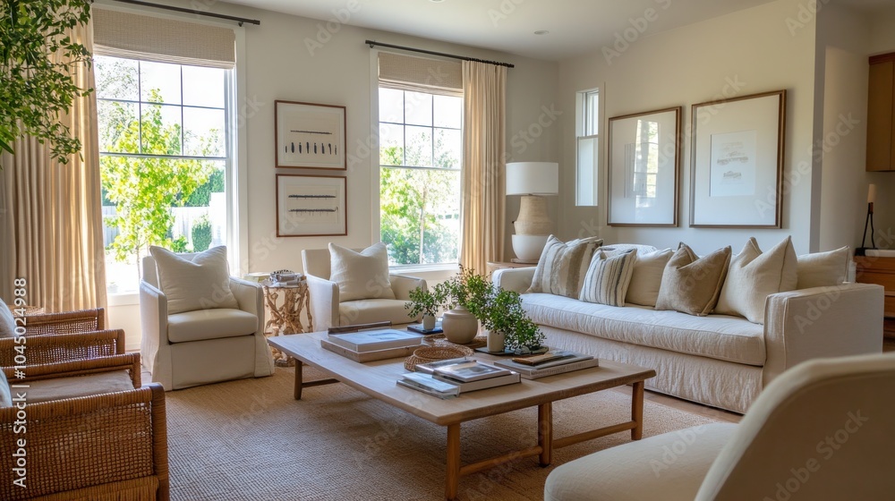 A simple, stylish living room with calming colors and comfortable seating. A simple, stylish living room with calming colors and comfortable seating.
