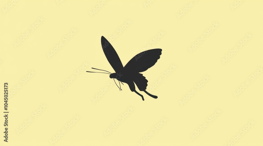 Obraz premium A minimalist illustration of a butterfly in mid-flight, rendered as a single-color silhouette.