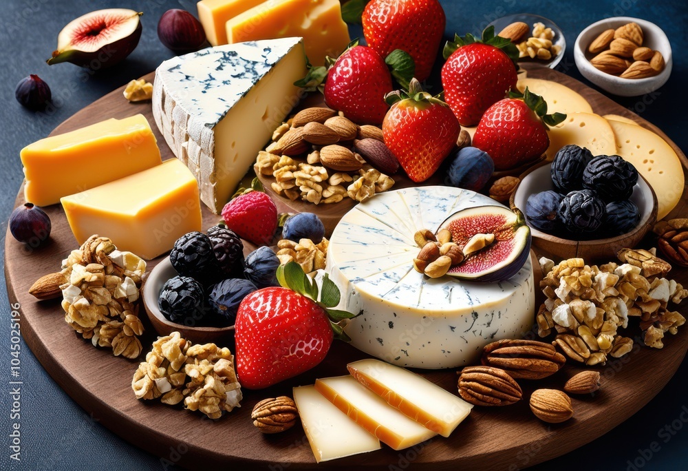 Fototapeta premium colorful assembled cheese platter featuring various cheeses accompanied fresh fruits crunchy nuts delightful display, colors, dairy, snack, selection