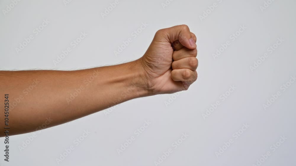 Man making a closed fist against a plain white background, displaying strength and determination with a clear view of the muscular arm and tensed fist Man making a closed fist against a plain white background, displaying strength and determination with a clear view of the muscular arm and tensed fist