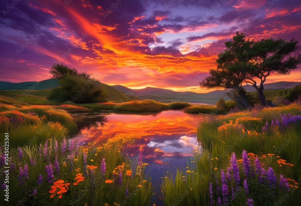 stunning vibrant sunset over rolling hills illuminating shimmering lakes picturesque natural landscape, nature, light, sky, color, cloud, water stunning vibrant sunset over rolling hills illuminating shimmering lakes picturesque natural landscape, nature, light, sky, color, cloud, water