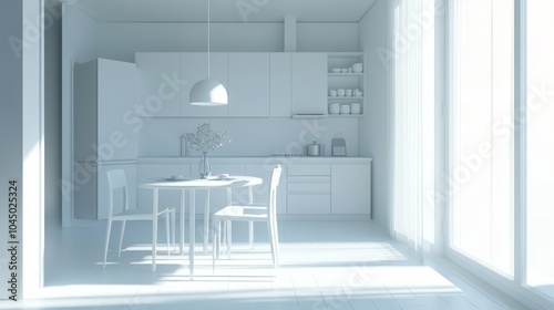 A simple white kitchen with a dining table. This is a computer-generated image.