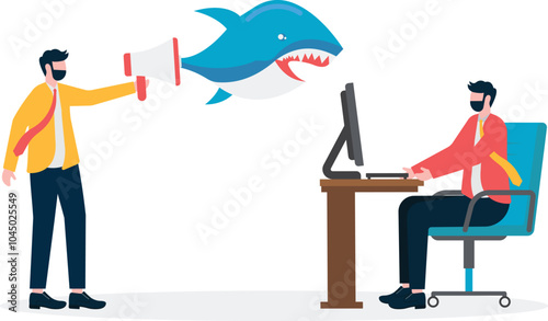 Manager screams with megaphone and flies out angry shark scares colleagues.

