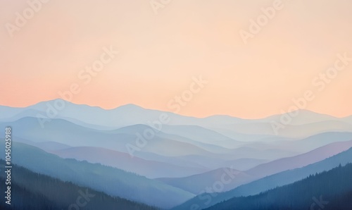 Blue mountains under a pink sky.