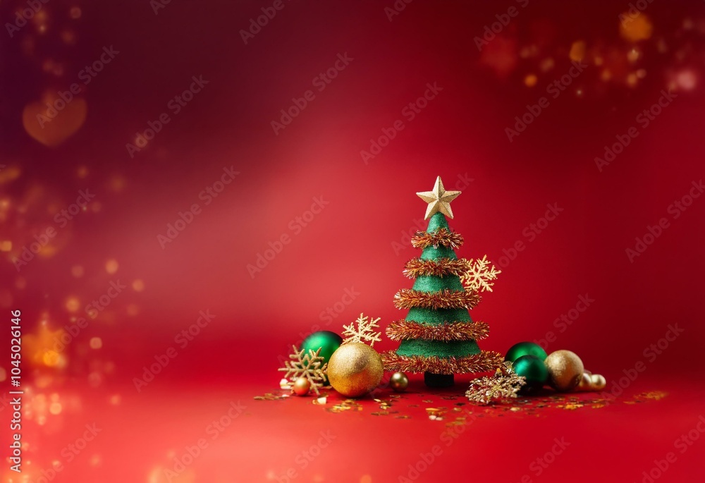 Obraz premium A small Christmas tree with green and gold ornaments sits on a red background with bokeh lights.