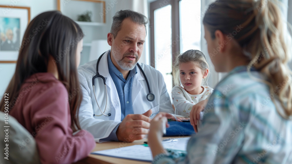 A doctor discussing treatment options with a patient's family members A doctor discussing treatment options with a patient's family members