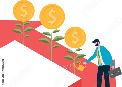 Business growth and investment, businessman planting money tree inside the arrow,

