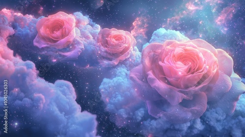 Floating Cosmic Roses in Dreamy Celestial Nebula Landscape