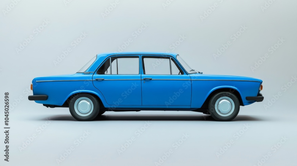 A single blue car, made in Russia, is shown against a plain white background. A single blue car, made in Russia, is shown against a plain white background.