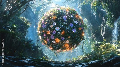 Floating Floral Sphere in Magical Botanical Landscape