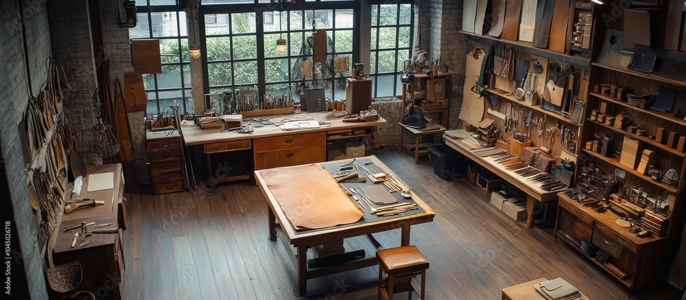 An overhead view of a leather workshop with tools, materials, and a large table in the center. An overhead view of a leather workshop with tools, materials, and a large table in the center.
