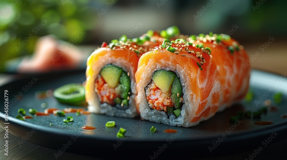 Delicious Mexican Sushi Roll with Jalapenos on a Dark Plate Perfect for Modern Cuisine Menus and Culinary Blogs Delicious Mexican Sushi Roll with Jalapenos on a Dark Plate Perfect for Modern Cuisine Menus and Culinary Blogs