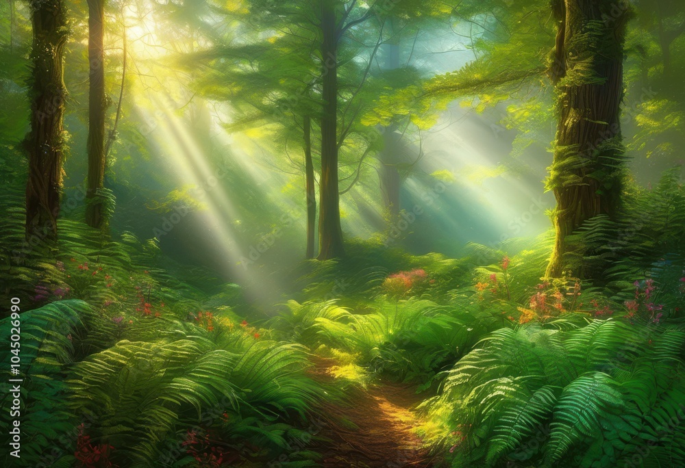 Obraz premium captivating rays light penetrating through lush green forest landscape subtle mist vibrant flora, trees, foliage, sunlight, greenery, bark, shadows