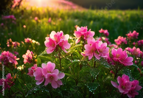 vibrant blossoms glimmering dewdrops captured natural light radiating freshness beauty, bloom, flower, petal, leaf, nature, plant, flora, garden, sunlight