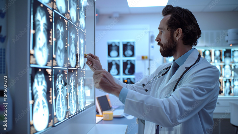 A doctor examining X-rays on a lightbox in a radiology room A doctor examining X-rays on a lightbox in a radiology room