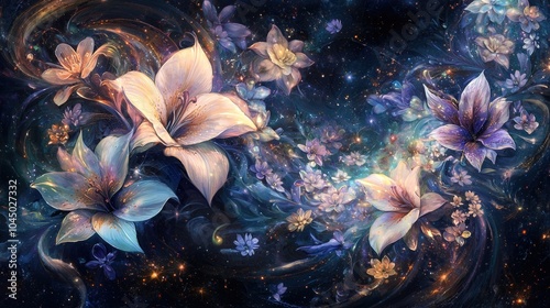 Ethereal Floral Galaxy   Captivating Celestial Blossoms in Vibrant Digital Artwork