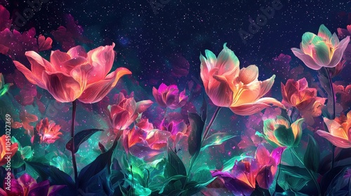 Ethereal Floral Landscape with Aurora Borealis Illuminating the Night Sky