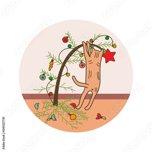 A red kitten hung on a Christmas tree and smashed toys, hand-drawn in the style of a doodle on a white background. For the design of postcards, invitations, stickers.
