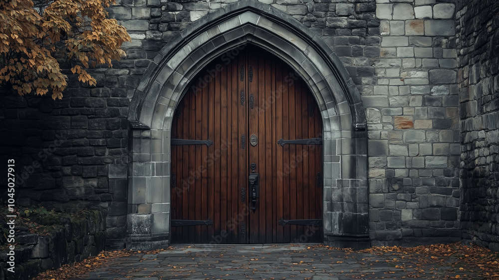 A large arched wooden door with natural stone walls A large arched wooden door with natural stone walls