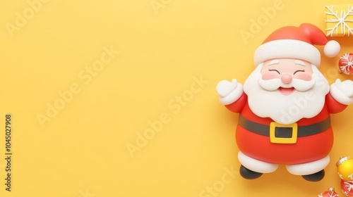 A cartoonish santa standing on a yellow background with a red belt