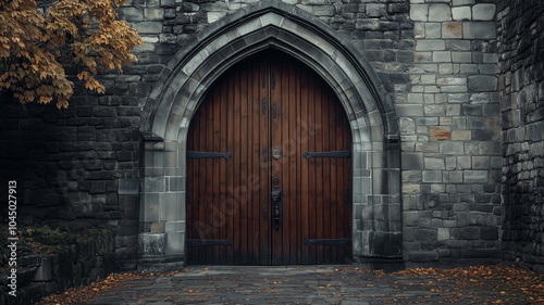 A large arched wooden door with natural stone walls