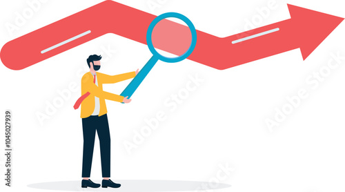Businessman holding a magnifying glass and observing at the bottom of the arrow

