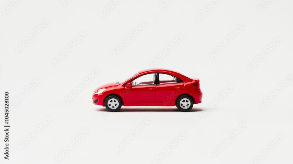 A small, red toy car is shown against a white backdrop. This image could be used for hobbies, insurance ads, or car loan promotions. A small, red toy car is shown against a white backdrop. This image could be used for hobbies, insurance ads, or car loan promotions.