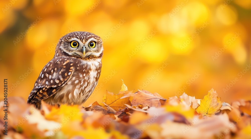 Petite chouette assise au milieu des feuilles d'automne, sur fond jaune et orange, image avec espace de copie pour texte ou logo. Petite chouette assise au milieu des feuilles d'automne, sur fond jaune et orange, image avec espace de copie pour texte ou logo.