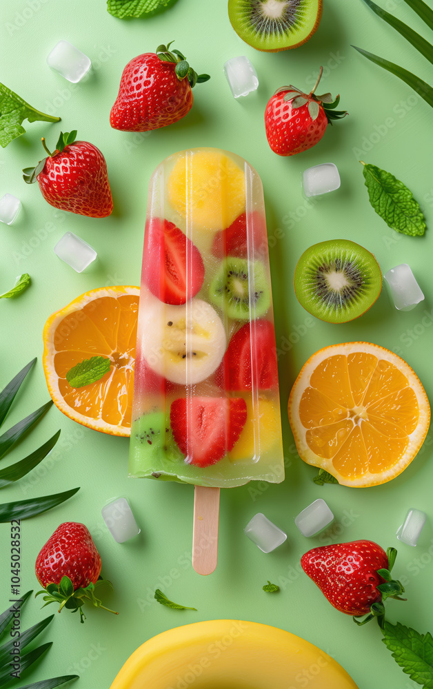 Ice cream popsicle. Fruity popsicle, ice cream with berries, fruits on color pastel background. Frozen fruit berry popsicle. Homemade ice lolly. Summer ice cream minimal fashion idea. Realistic photo Ice cream popsicle. Fruity popsicle, ice cream with berries, fruits on color pastel background. Frozen fruit berry popsicle. Homemade ice lolly. Summer ice cream minimal fashion idea. Realistic photo