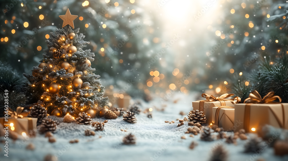 Magical Snowy Christmas Tree with Golden Lights and Wrapped Gifts Magical Snowy Christmas Tree with Golden Lights and Wrapped Gifts