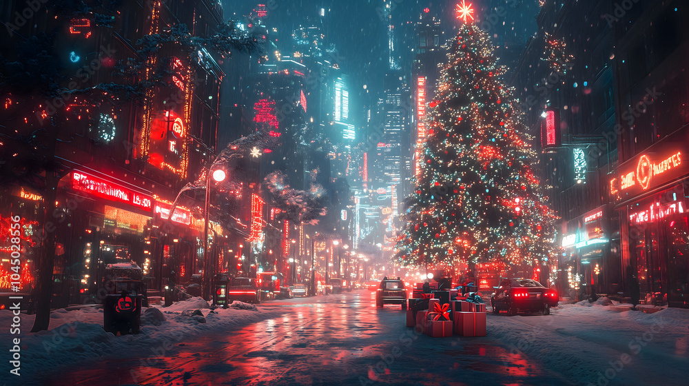 Futuristic Neon City Christmas Night with Snow and Festive Lights Futuristic Neon City Christmas Night with Snow and Festive Lights