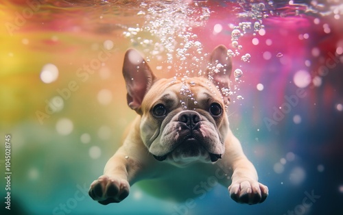 Chien de race bouledogue français nageant sous l'eau, entouré de bulles d'air, avec un fond coloré. photo