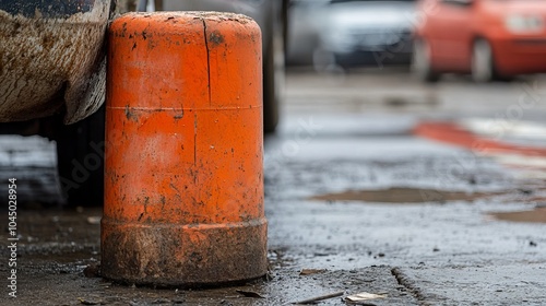 A careless driver caused a parking lot accident, resulting in contact between their vehicle and a plastic bollard. The impact left minor scratches and damage on the car's bumper