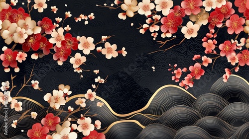 A seamless pattern with cherry blossoms and stylized mountains and waves.