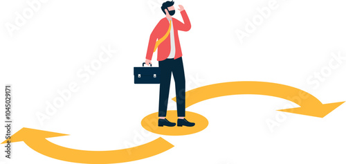 Businessman standing at the intersection not sure which arrow to choose which direction

