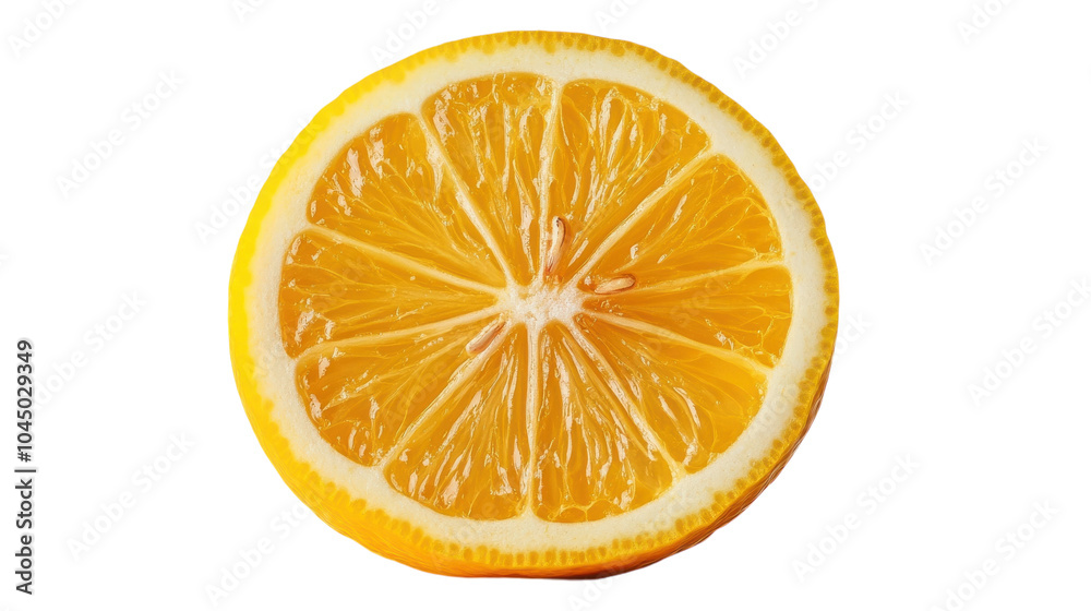 A vibrant slice of orange showcasing its juicy segments and bright color against a clean background A vibrant slice of orange showcasing its juicy segments and bright color against a clean background