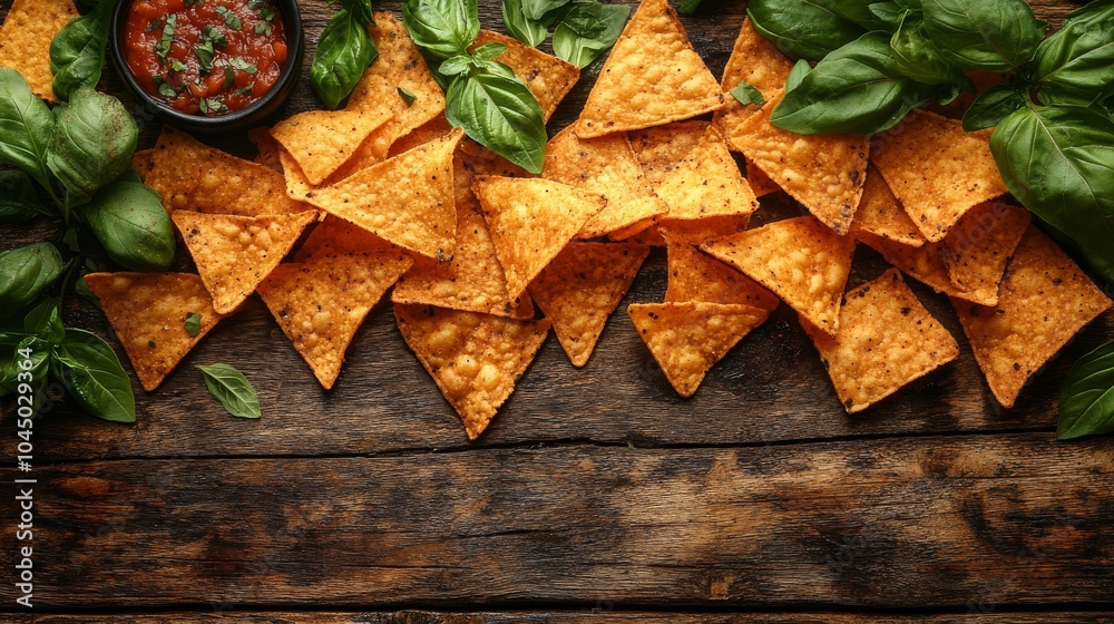 Top View of Tortilla Chips on Wooden Background with Copy Space Top View of Tortilla Chips on Wooden Background with Copy Space