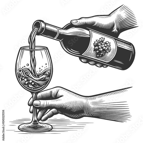 wine being poured into a glass, capturing the motion and elegance of the liquid sketch engraving generative ai vector illustration. Scratch board imitation. Black and white image.