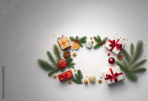 A white background with Christmas ornaments, pine branches, and wrapped gifts arranged to form a frame.